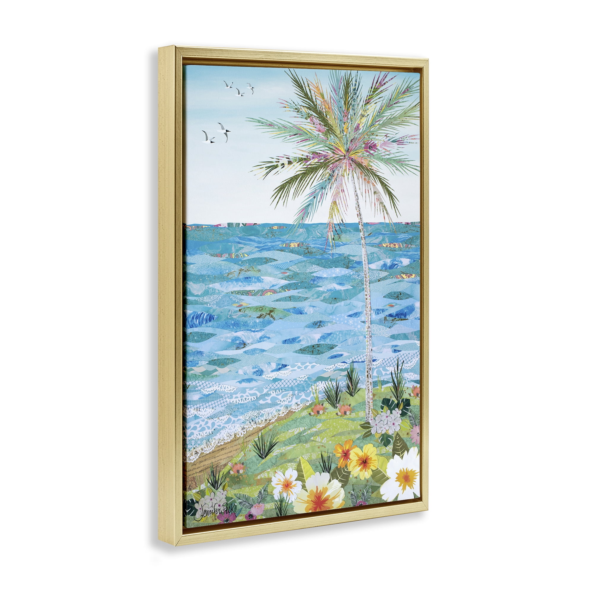 Stupell Industries Collaged Tropical Landscape Landscape Painting Gold Floater Framed Canvas Art Print Wall Art, 21 x 31