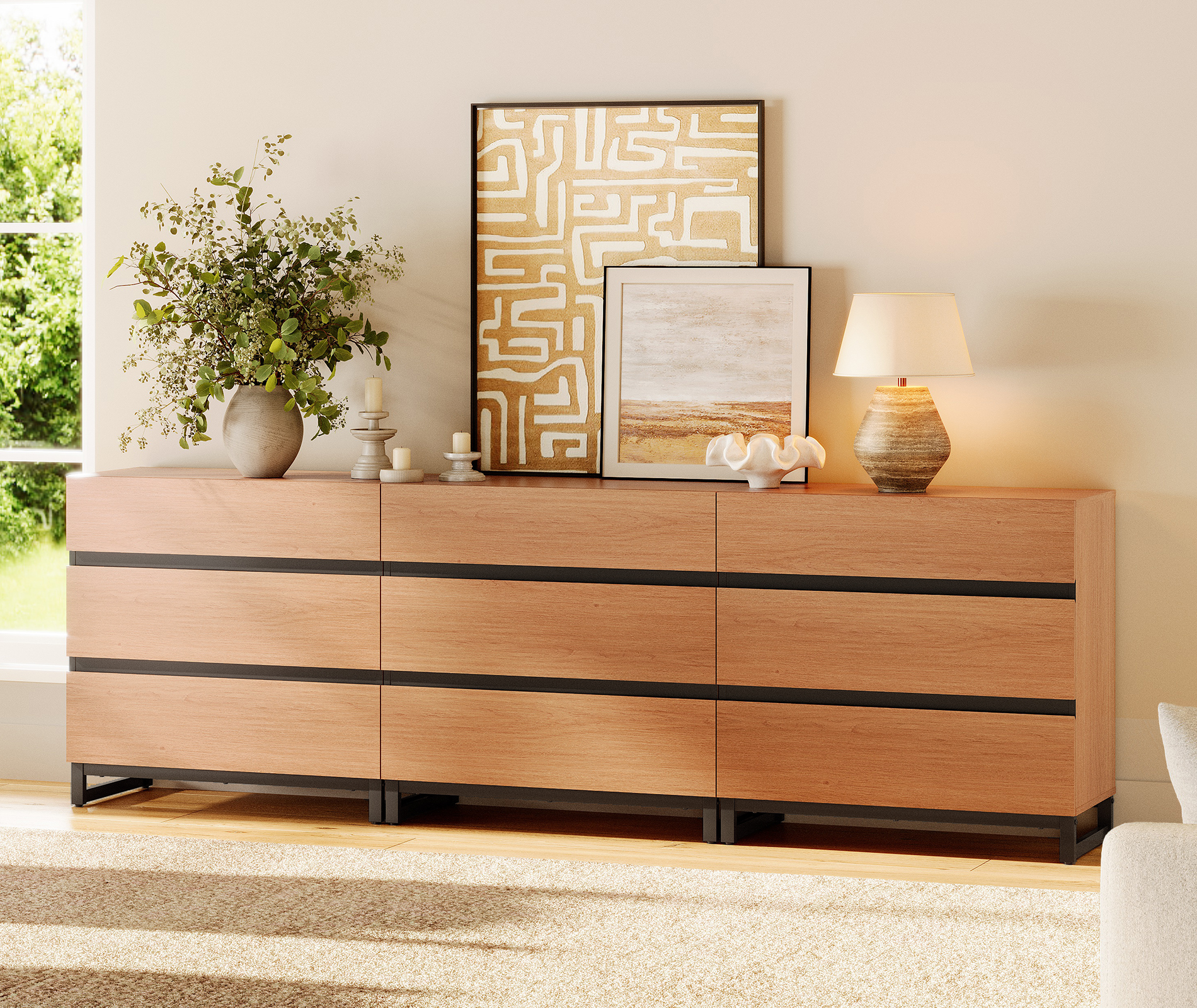 WAMPAT Dresser for Bedroom, Closet Organizers and Storage with 9 Drawers, Chest of Drawers with Metal Base, Wooden Modern Dresser for Living Room, Bedroom, Entryway, Mocha