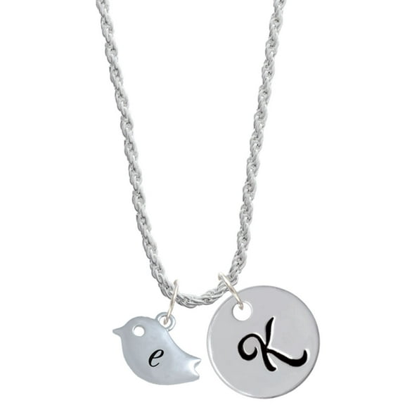Delight Jewelry Silvertone Little Bird Initial - E - Silvertone Script Initial Disc - K - Charm Necklace, 20" 3"