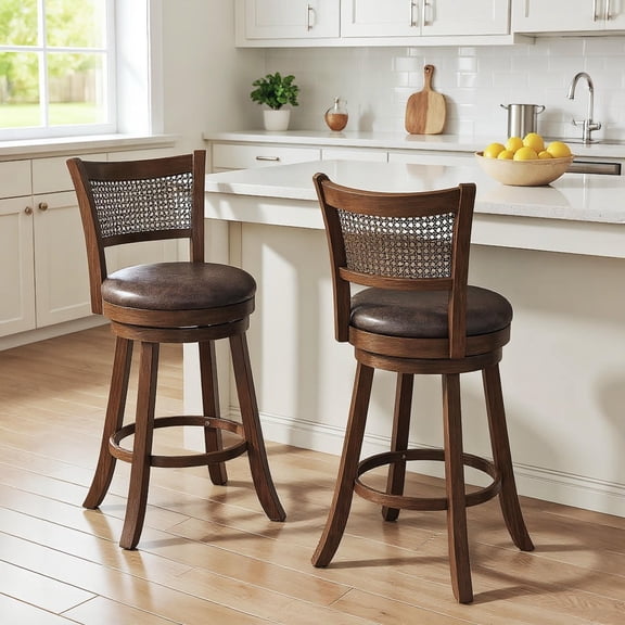 GVN 29 Inches Counter Height Barstool Set of 2 with Rattan Backrest, Footrest and Swivel Function for Kitchen Island, Patio, Bistro Table, Brown