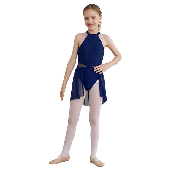 Jowowha Kids Girls Lyrical Dance Dress Figure Ice Skating Ballet Leoatrd Dress with Wrap Skirt Navy Blue 10