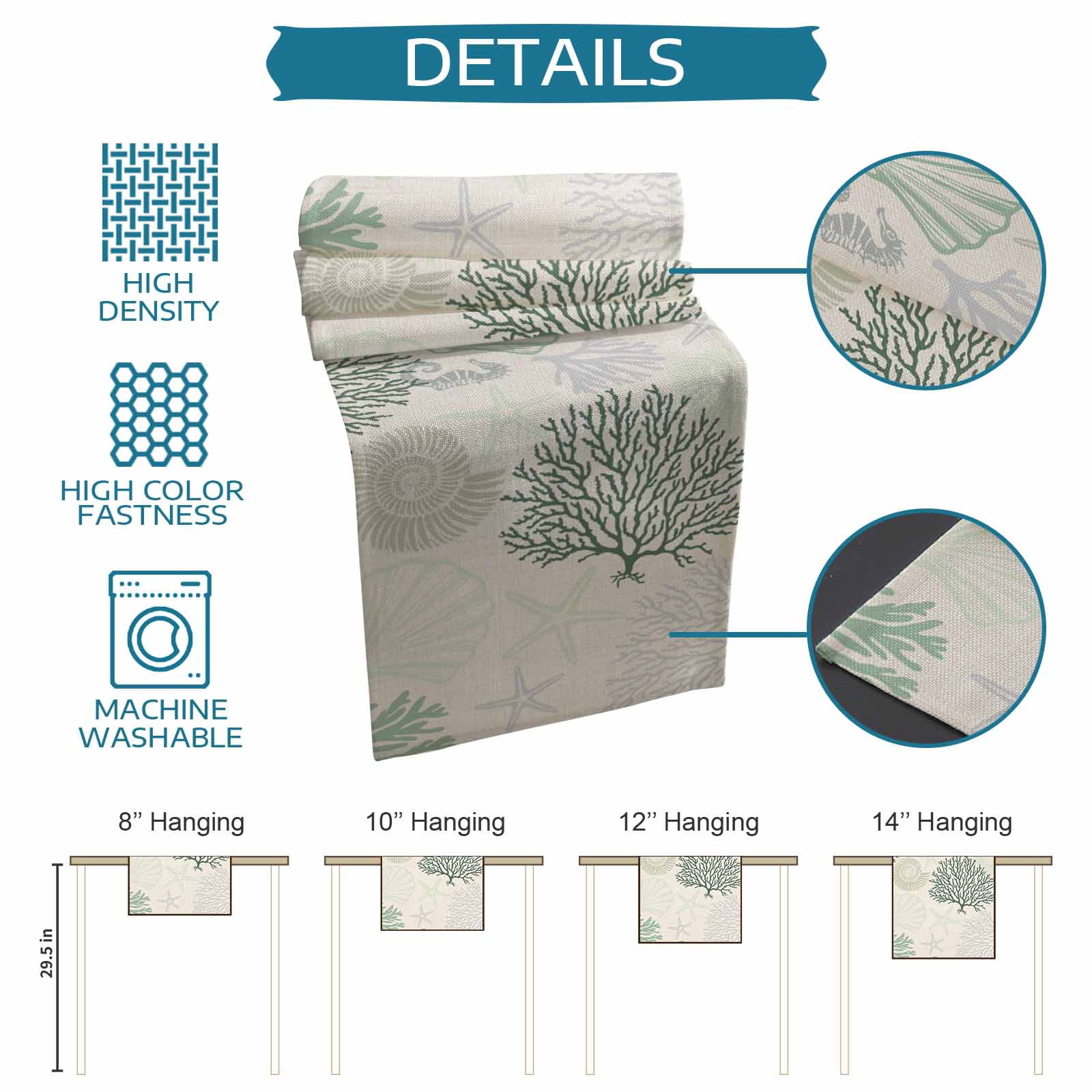 Sage Green Ocean Table Runner 108 Inches, Coastal Grey Coral Starfish Shell Bed Runner Dresser Scarves Tabletop for Indoor Outdoor Parties/Ceremony/Banquet, 13"x 108"