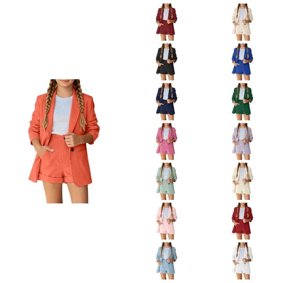 Krdevn Girls 2 Piece Suit Set, Button Long Sleeve Blazer Jacket & Pocket Shorts Formal Kids Outfit,Orange