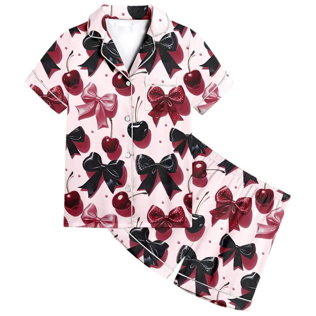Ensemble de Pyjama pour Filles avec Imprimé Nœud Cerise, Confortable, Col Rond, Manches Courtes, Shorts de Détente pour Enfants de 2 à 13 Ans