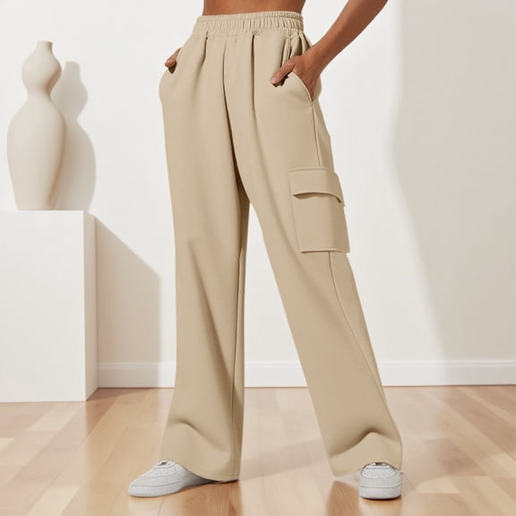 TIREOW Cargo Sweatpants for Girls, Casual High Waisted Wide Leg Sweat Pants, Loose Comfy Athletic Baggy Joggers with Pockets (Beige, 10-11 Years)