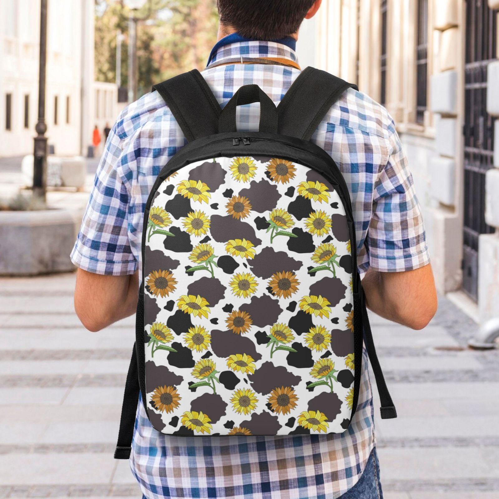 Xecao Black Cow Sunflowers print Travel Backpack, Large Computer Backpack for Men Women, College School Rucksack Book Bag