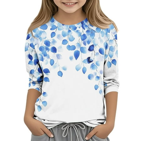 USSUMA Toddler Girls Clothes Round Neck 3/4 Sleeve Floral Prints Summer and Spring Loose Tunic Cool Shirt Tops Casual Tshirt Athletic Girls Clothes for Vacation Blue 160 Summer Saving