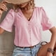 thumbnail image 3 of Blusa de verano holgada con escote en V, manga corta, encaje con ojales y botones para mujer - Rosa coral, 3 of 6