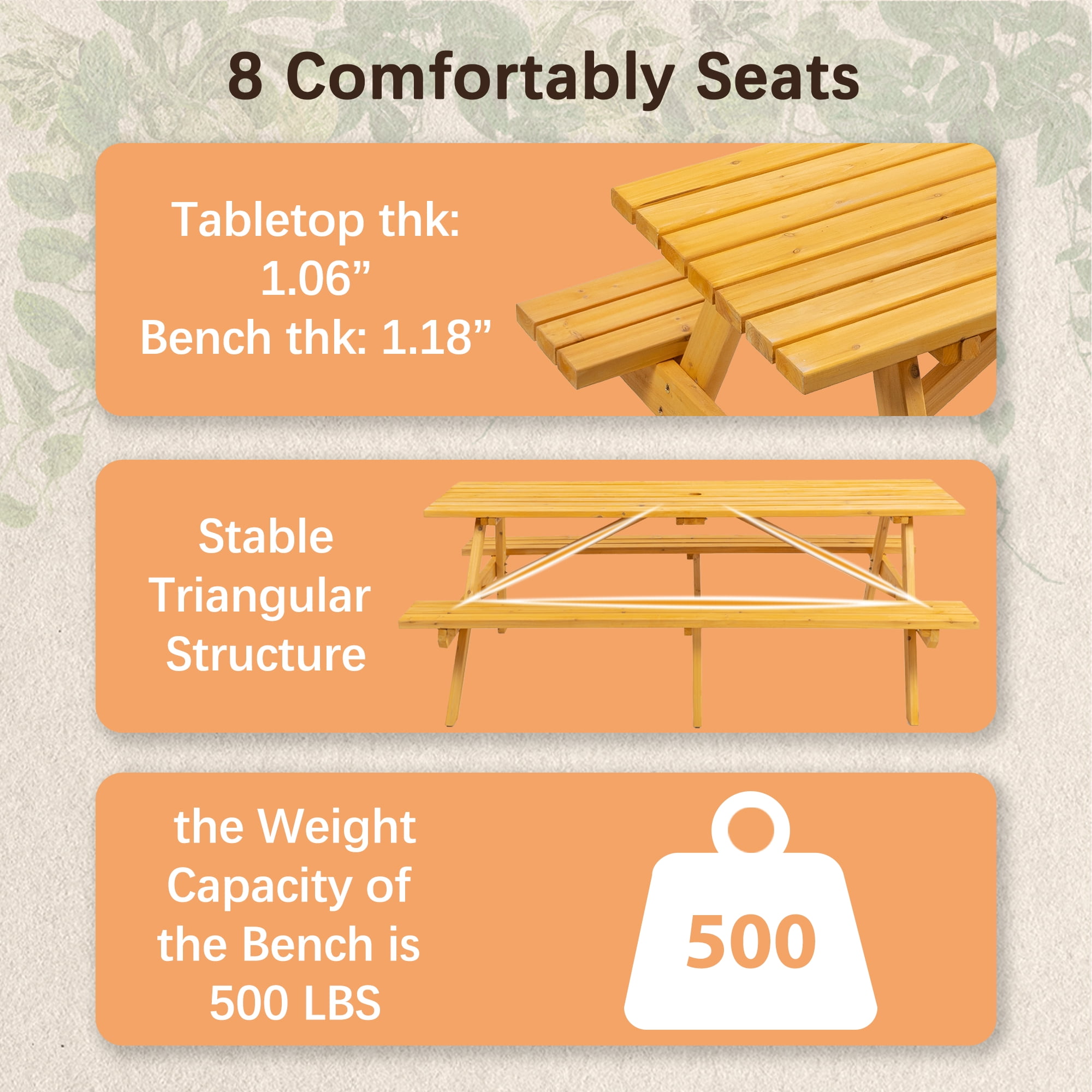 8-Person Rectangle Outdoor Wooden Picnic Table w/ 2 Built-In Benches,Outdoor Camping Dining Table for Backyard,Garden,Patio,2220 lbs Capacity