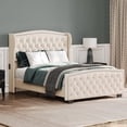thumbnail image 2 of Belleze Velvet Upholstered Queen Bed with Button Tufted Headboard, Glam, Beige, 2 of 7