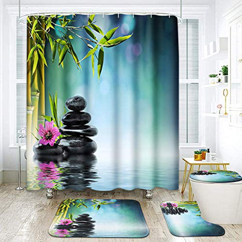 Bamboo Waterproof Bathroom Shower Curtain Toilet Cover Mat Non-Slip Rug Set 