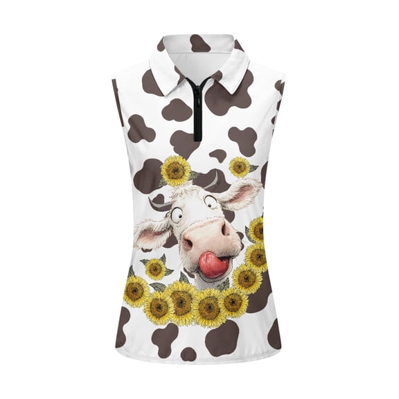 Whosucclay Cow Sunflower Pattern Sleeveless Golf Shirts Womens Golf Shirt for Ladies, Anti Shrink Half Zip for Athletic Tennis Hiking