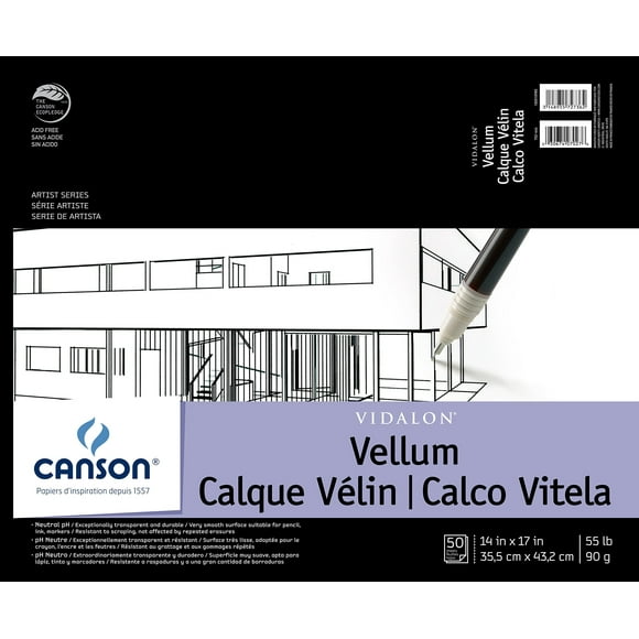 Canson Artist Series Vidalon Vellum Paper, Foldover Pad, 14x17 inches, 50 Sheets (55lb/90g) - Artist Paper for Adults and Students