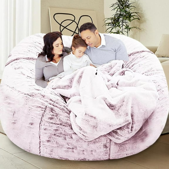 Bean Bag Chairs for Kids  Fluffy Big Joe Bean Bag Chair Cover Without Filler Round Sofa Chairs for Bedroom Living Room Decor, 5FT, Silver Pink