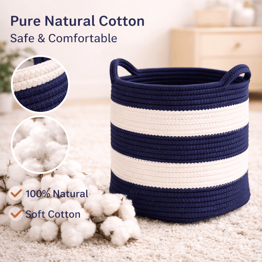 Medium Cotton Rope Baskets with Handles Woven Baskets Rope Bins 12.2x11.8" Laundry Hamper Nursery Baskets , Navy Blue and White