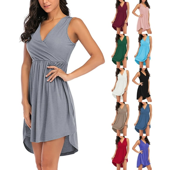 Womens Plus Size Summer Dresses Sleeveless Deep V Neck Summer Dress Wrap Ruched Cocktail Party Mini Dresses Plus Size Wedding Guest Dress RD2 XL
