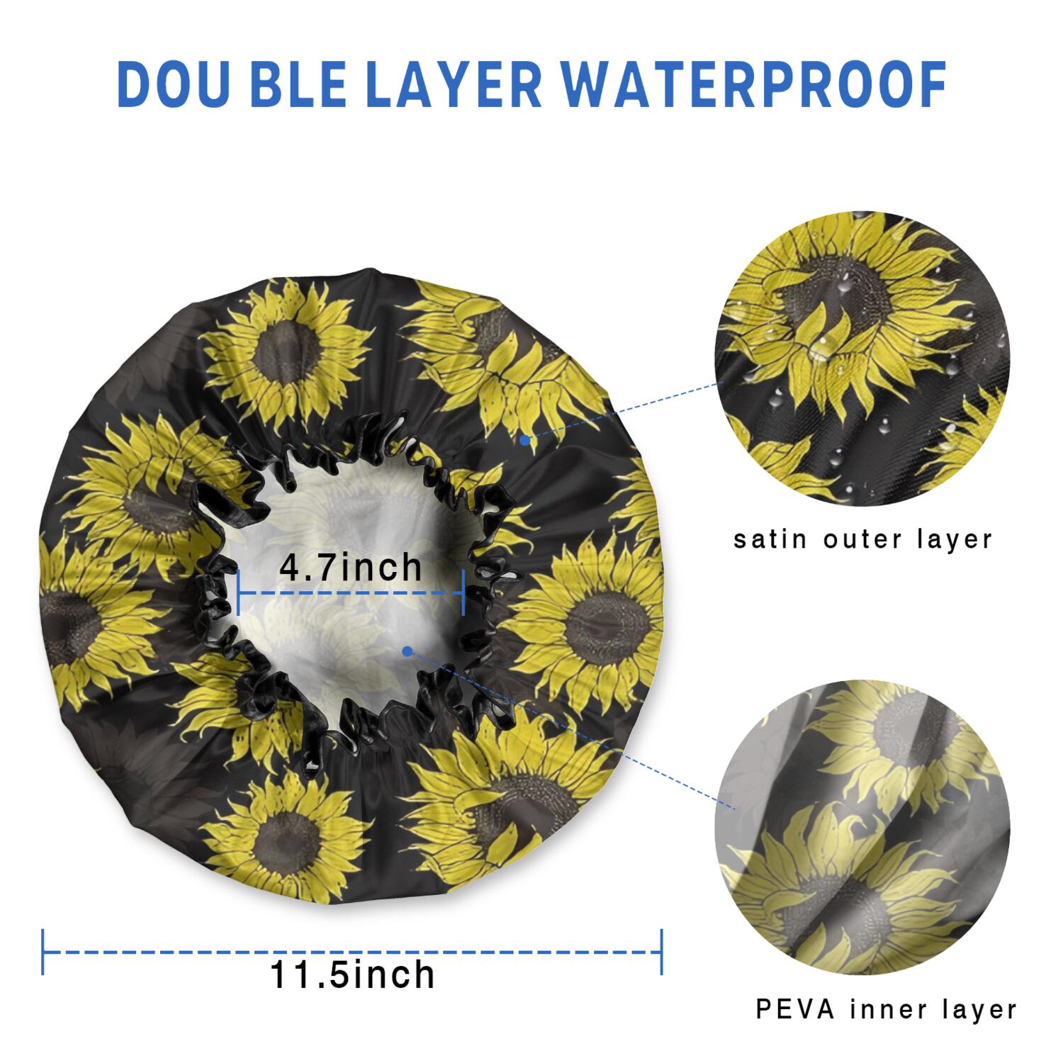 Shower Caps,Black Sunflower Pattern Waterproof Shower Cap for Women 4 Pieces,Double Reusable Hair Cover for Shower PEVA Elastic Stretch Hem