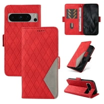 Dteck for Google Pixel 7 Pro Case with Wrist Strap, Shockproof Splicing Luxury PU Leather Flip Wallet Magnetic Kickstand Money Pouch Folio TPU Bumper Protective Cover, red