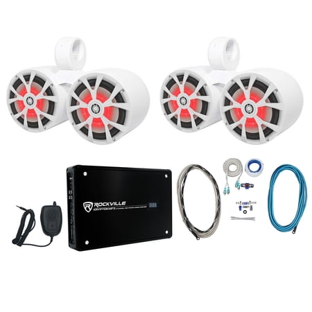 2) Rockville RKL80MW Dual 8 Marine White Wakeboard LED Speakers+Amplifier+Wires