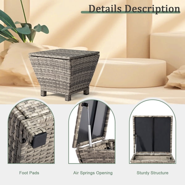 Outdoor PE Wicker Side Table with Storage, Small Patio Storage Bin Container for Hose Cushion Towel, Grey