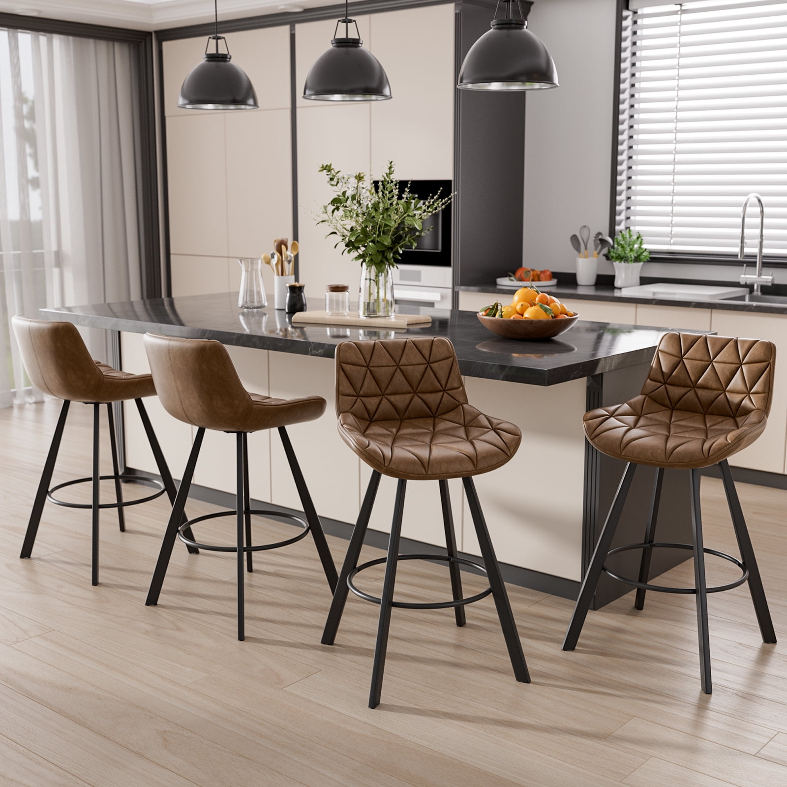 Genpo Bar Stools Set of 3, 26" Kitchen Counter Height Bar Stools with Back Metal Legs and Footrest, Brown Leather Barstools for Kitchen Island