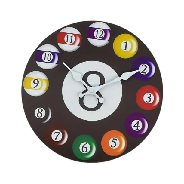 Reloj de pared decorativo circular con temática de billar, sin tictac, pantalla de 12 horas. 8 pulgadas