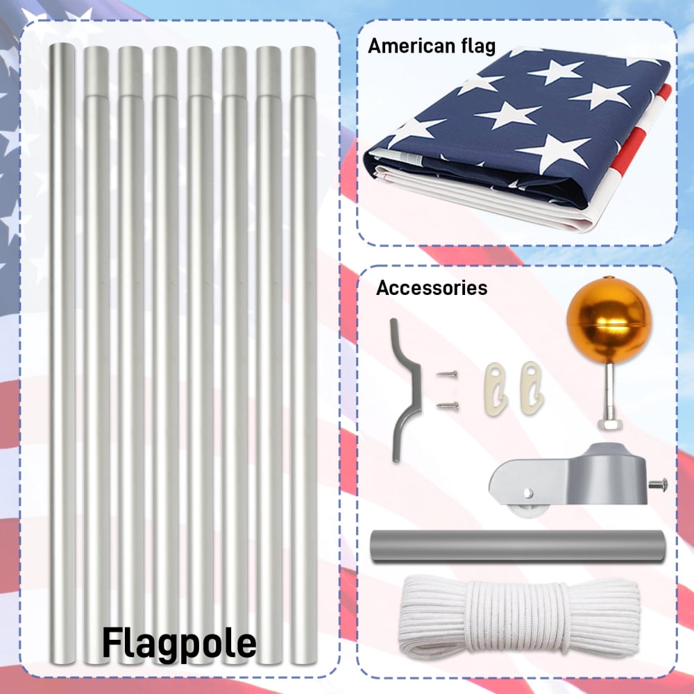 IVV 30FT Sectional Flag Pole Kit, Extra Thick Heavy Duty Aluminum Flagpoles for Outside House Inground with 3'x5' American Flag and Golden Ball Topper for Residential or Commercial Use, Silver