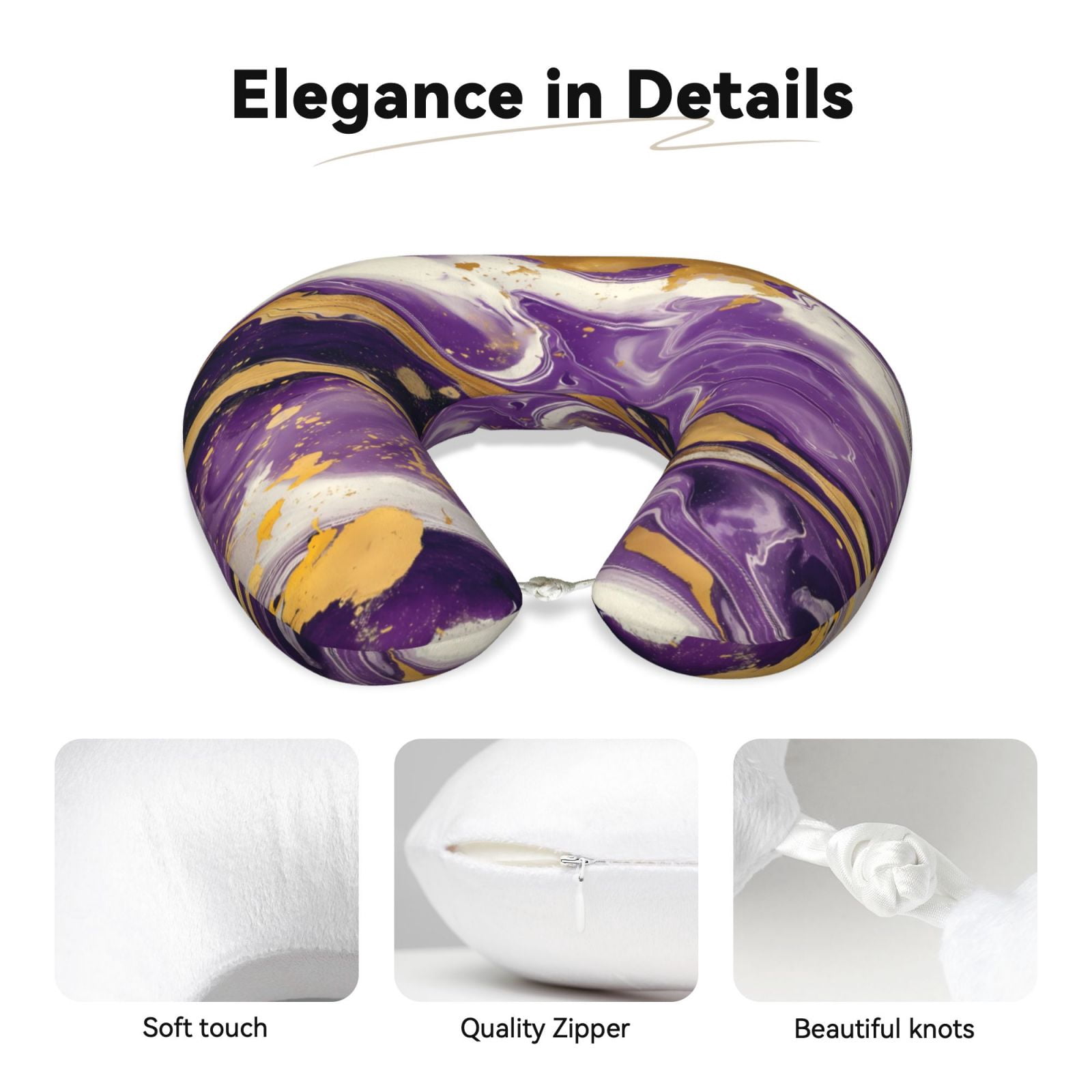 Xecao Purple Gold Marble Swirls Print Memory Foam Cervical Neck Pillow Versatile U-Shaped Pillows for Home,Office,Camping,Travelling,Soft Washable Cover