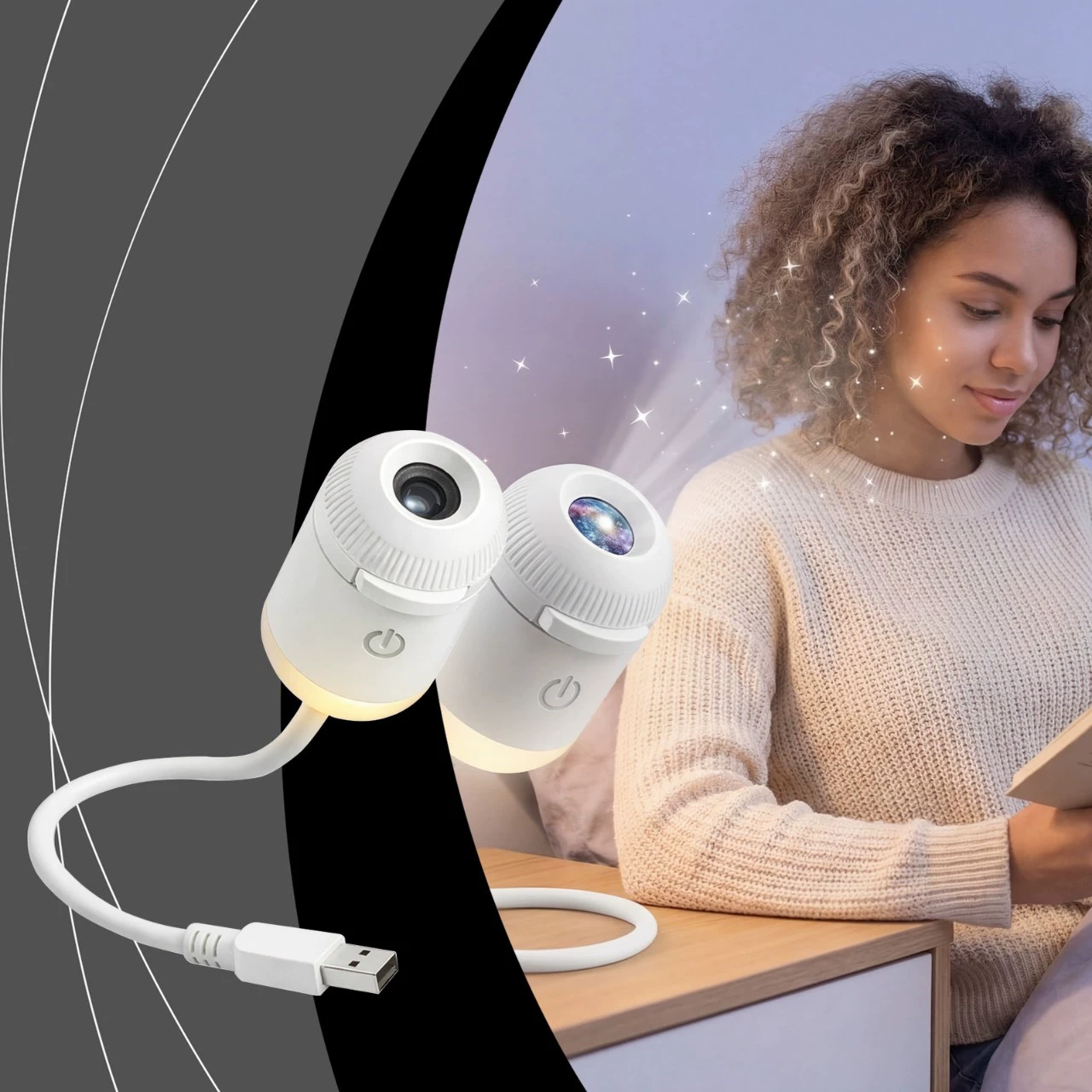 2-in-1 Galaxy Night Light Projector, featuring 12 slide-out images, a 360° adjustable USB starry sky night light projector with adjustable brightness, ideal for car and bedroom decor