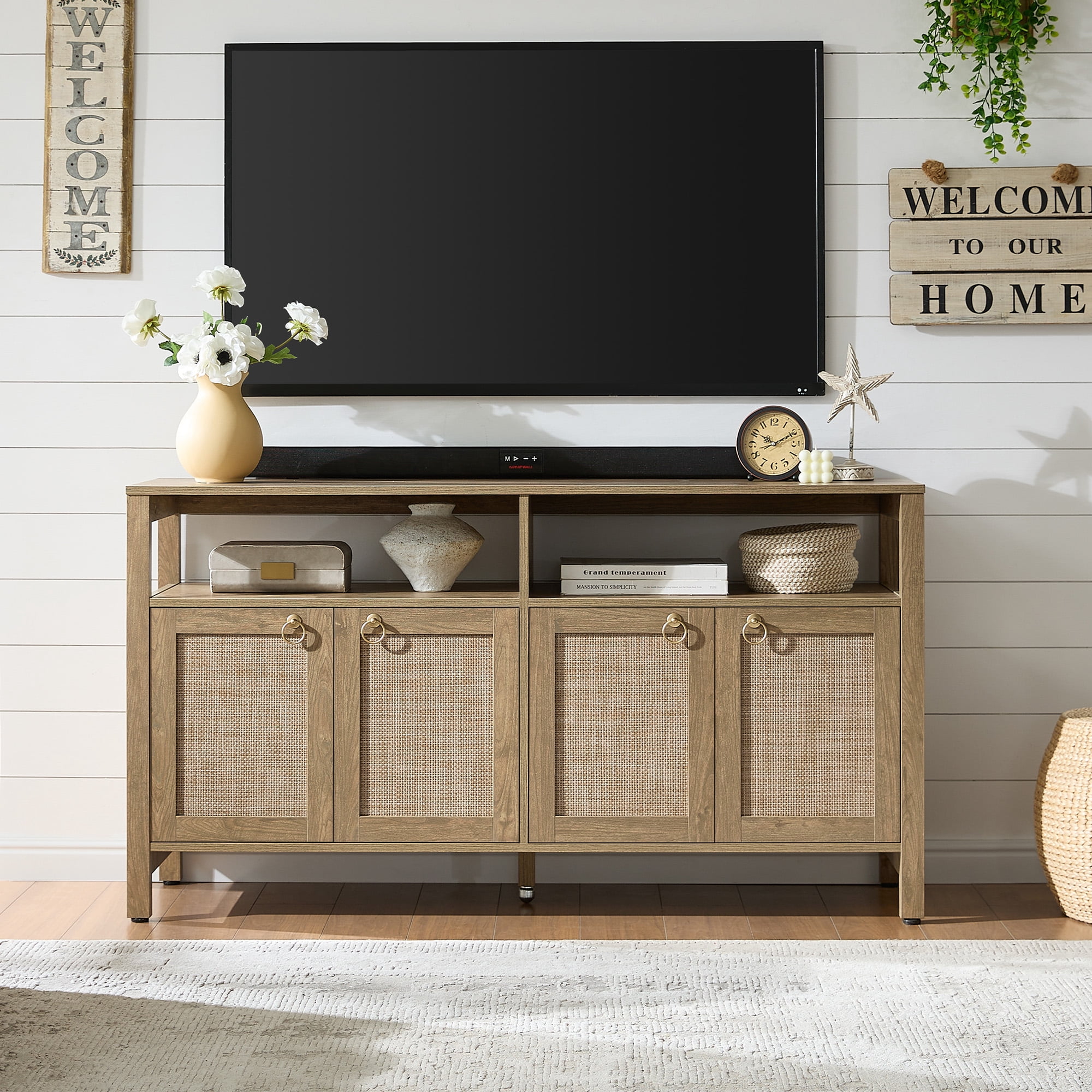 SICOTAS Boho TV Stand for TVs up to 65", Rattan 29.5" Tall Entertainment Center with Storage Cabinets & Adjustable Shelves , TV Console Table Set of 2 for Living Room, Oak