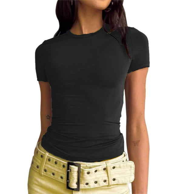 LSLJS T-Shirts pour Femmes T-shirt à Manches Courtes pour Femmes Couleur Unie Basique Col Rond Haut Décontracté Chandail T-shirt