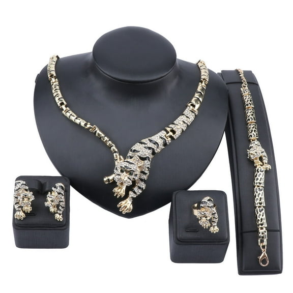 Exquisite Dubai Gold Tiger Crystal Jewelry Nigerian Woman Wedding Costume Design Necklace Earring Ring Bracelet Set