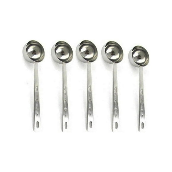 Juego de 5 cucharas para café de acero inoxidable, resistentes al óxido, aptas para lavavajillas, diseño de mango largo, fácil de limpiar, medidas grabadas, herramienta de cocina multiusos