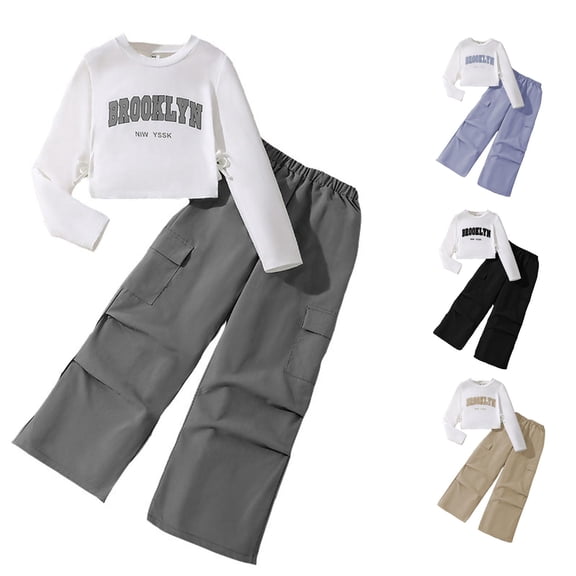 ZXLBBD Girls Fall 2 Piece Outfits Long Sleeve Cropped Sweatshirt Shirts and Cargo Jogger Pants for Kids Youth Casual Outdoor Clothes Sets,Grey,Size 11 Y-12 Y