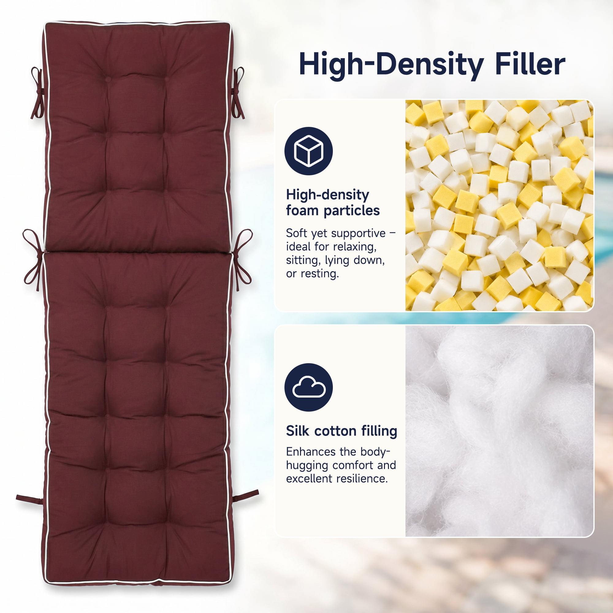 2 Pack 72×21 Inch Outdoor Folding Chaise Lounge Cushions, Quick Dry Shredded Foam Sun Lounger Seat Pads with Non-Slip Backing & Fastening Ties for Patio Poolside Deck Recliners