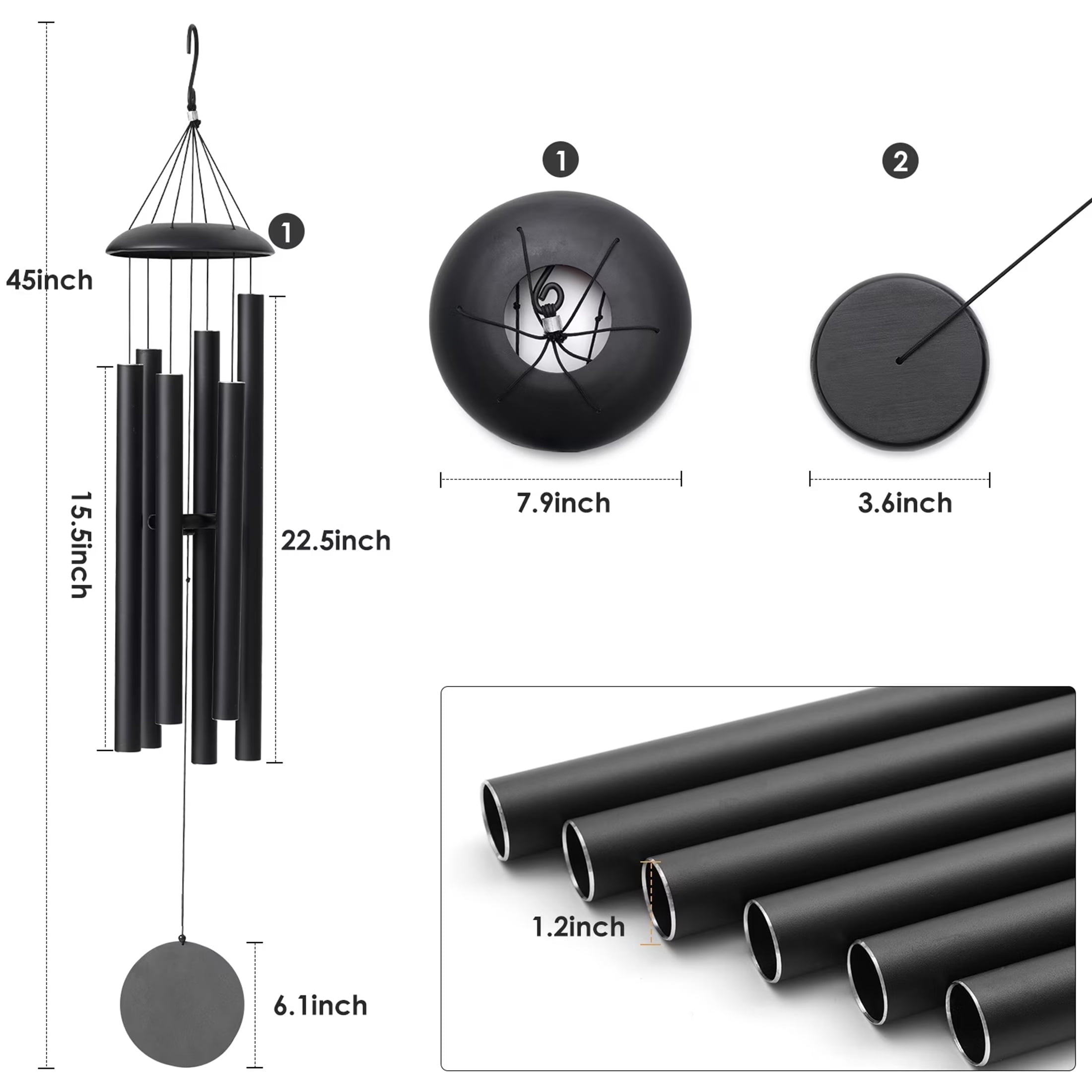 BSHAPPLUS® 45" Memorial Wind Chimes for Outside, Heavy Duty Black Chimes with 6 Large Deep Tone Aluminum Tubes for Loss of Loved One,Home Garden Hanging Decor