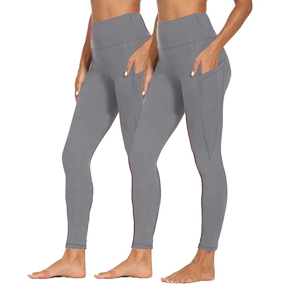 VKOYWKM 2 Pack Leggings for Women Elastic High Waisted Yoga Leggings Solid Color Stretchy Workout Legging Slim Fit Athlertic Pants with Pockets Size M Gray