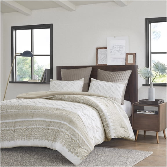 JERFIT 3-Piece Farmhouse Comforter Set - Taupe Botanic Print & Chenille Tufted Design, Full/Queen Cotton Bedding