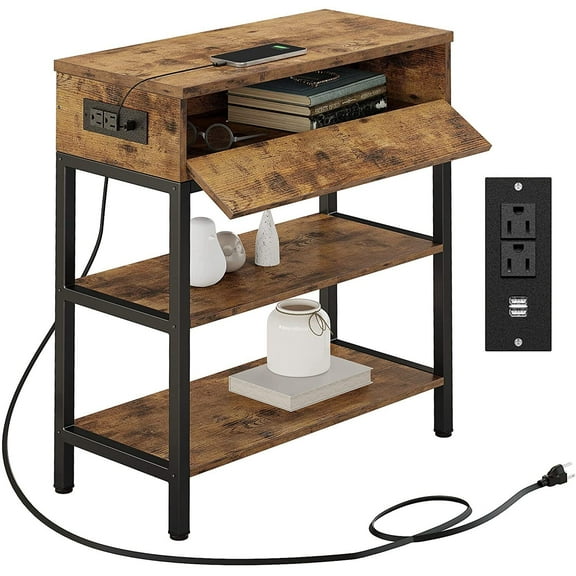 3 Tier Nightstand Narrow Side Table Wood Sofa End Table w/Charging Station & USB