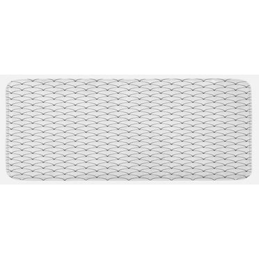 Geometric Kitchen Mat, Circles Rounds Waves Like Image with Oriental Edges Modern Sketchy Print, Plush Decorative Kitchen Mat with Non Slip Backing, 47" X 19", Charcoal Grey White, by Ambesonne