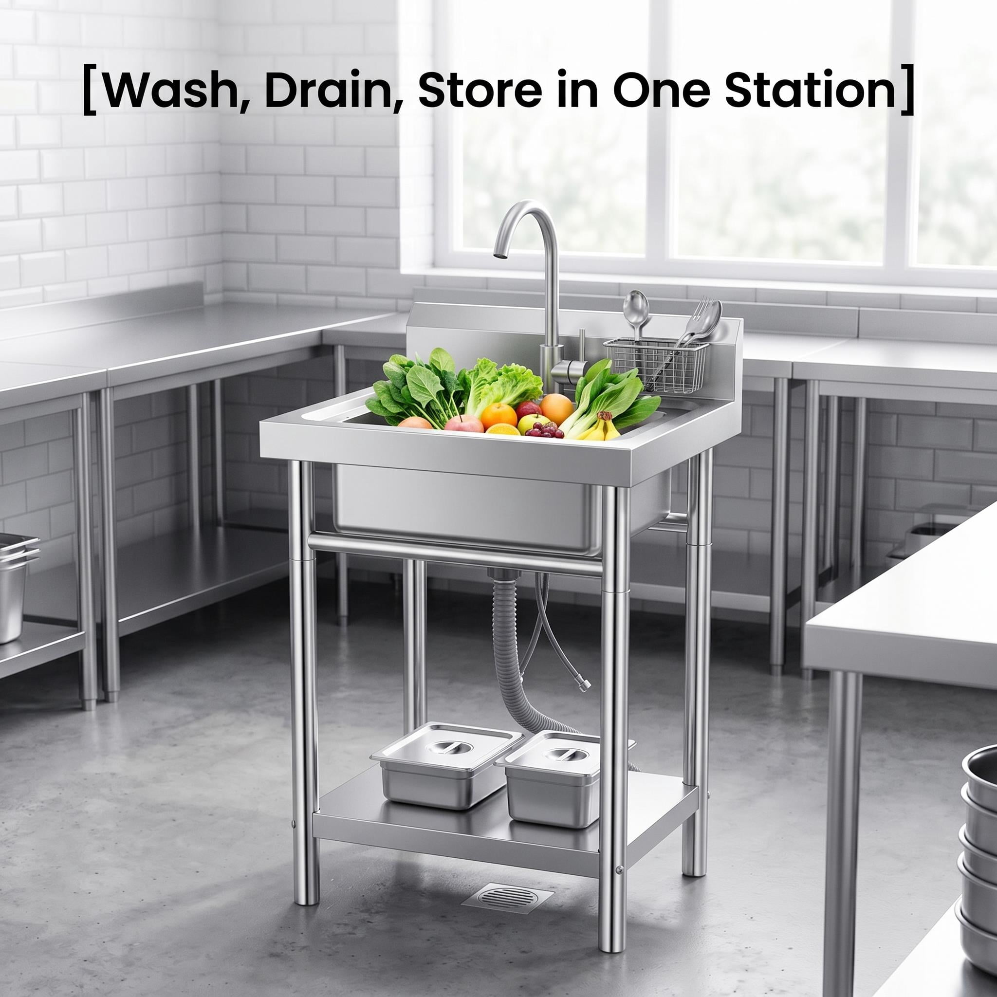 Freestanding Stainless Steel Single Bowl Laundry Sink, Brushed Finish Deep Basin with Backsplash, Hot Cold Water Faucet and Storage Shelf, Heavy Duty for Laundry Room and Garage Use