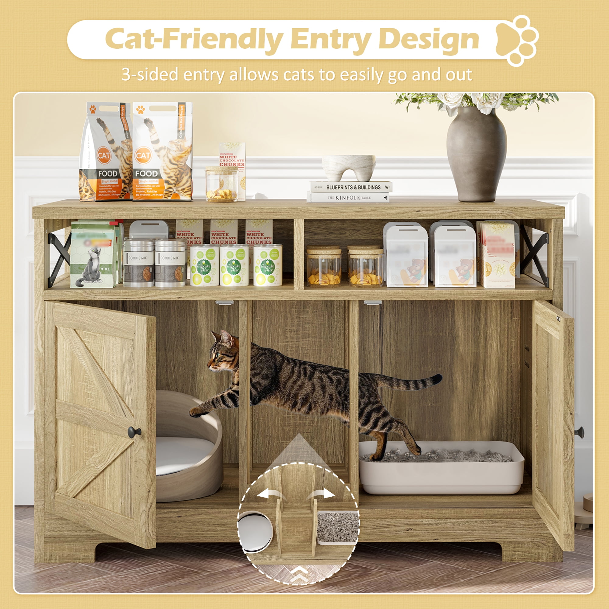 Euroco Multifunctional Hidden Cat Litter Box Enclosure with Double Doors, Adjustable Divider, Ventilation, and Storage Shelves