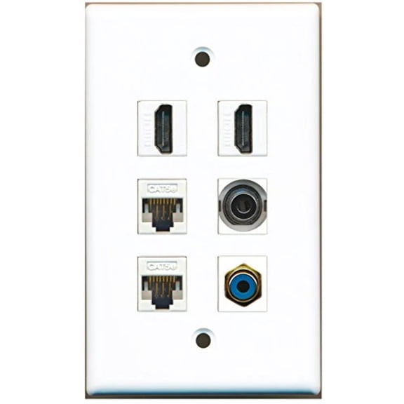 RiteAV - 2 HDMI 1 Port RCA Blue 1 Port 3.5mm 2 Port Cat5e Ethernet White Wall Plate