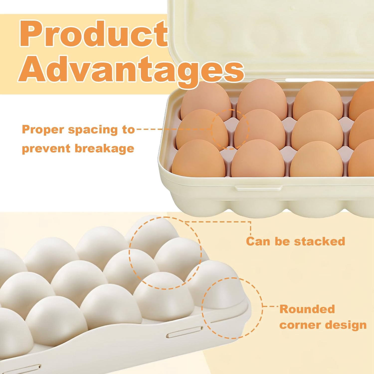ABPETE Large Capacity Outdoor Egg Holder, Plastic Egg Fresh Carrier Egg Storage Container Organizer Box for Fridge, Stackable Camping Egg Holder for Home Picnic Hiking Travel, 18 Eggs Tray Beige