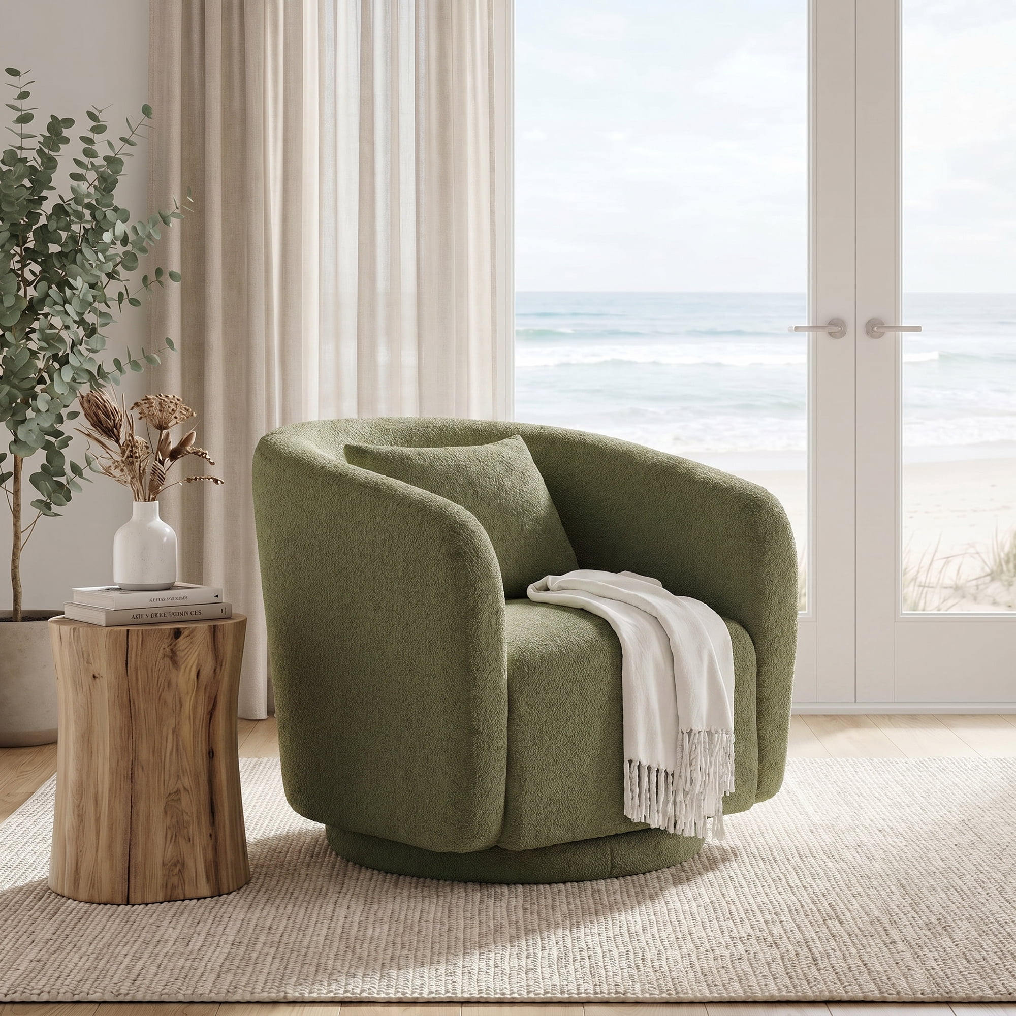 MAYEERTY 31.1" Green Boucle 360° Swivel Barrel Chair,350LBS Wood Frame Accent Chair with Pillow for Living Room Bedroom Office