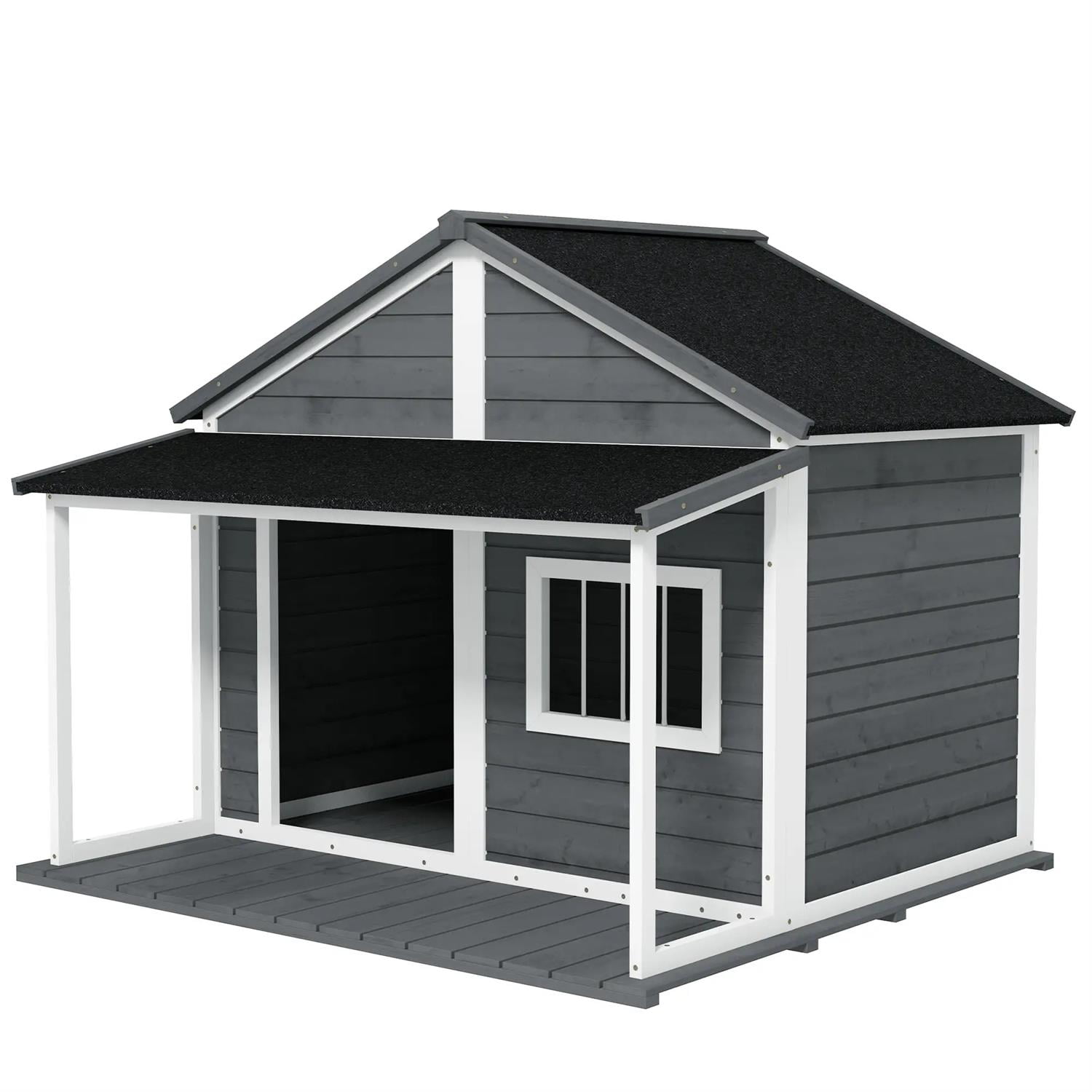 Pefilos 50" Outdoor Cabin Style Dog House with Porch, Wooden Dog Kennel Weatherproof for Small to Medium Dogs, Gray