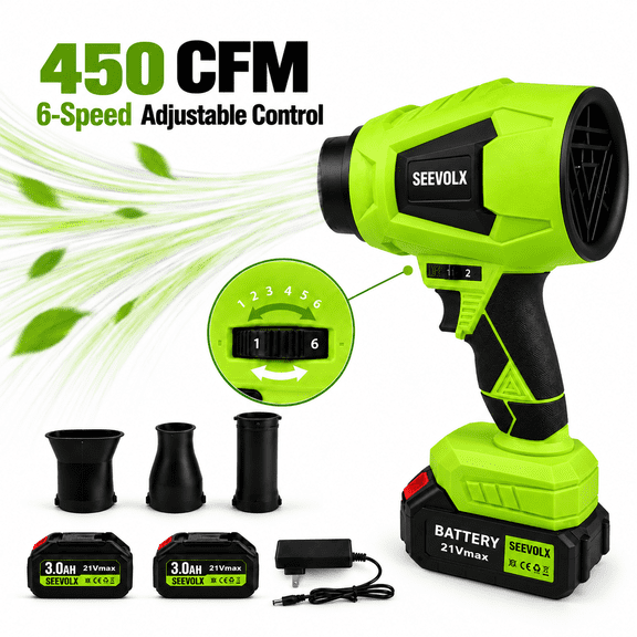 SEEVOLX Handheld Cordless Blower, 450CFM Electric Leaf Blower with 6-Speed Adjustable Control, 2 Batteries, 3 Nozzles for Yard Cleaning & Garage