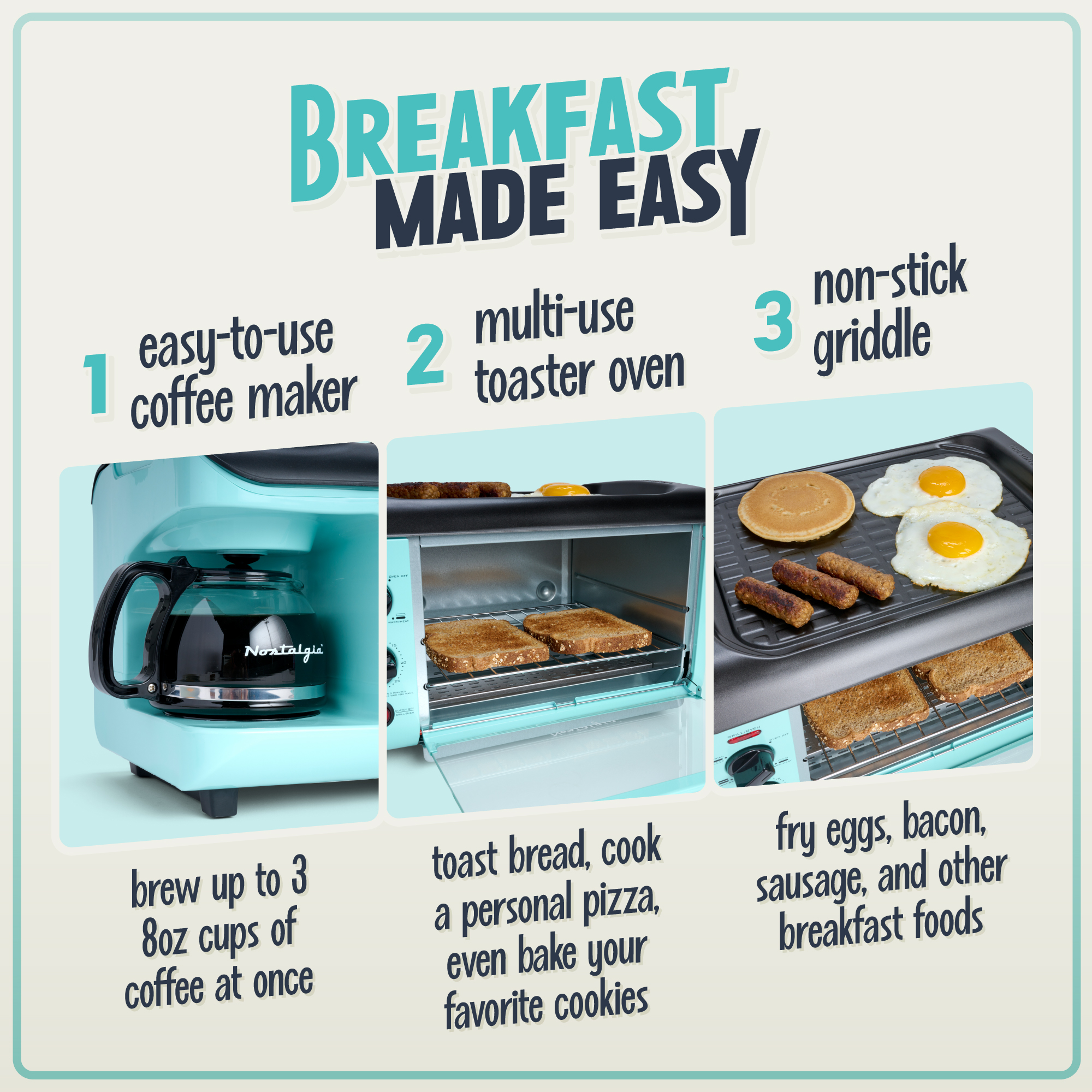 Nostalgia BST3AQ Retro 3-in-1 Family Size Electric Breakfast Station, Coffeemaker, Griddle, Toaster Oven - Aqua - image 3 of 7