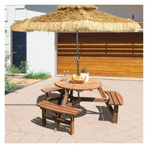 6 Person Wooden Picnic Table Set with Bench & Umbrella Hole - Fir Wood Outdoor Dining Table for Patio, Garden, Lawns - Rustic Round Picnic Table for 6 People