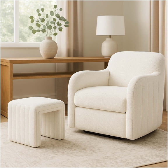 JERFIT Cream Boucle Ottoman Footstool, Channel Tufted Upholstered Stool for Living Room, 19 Inch Small Ottoman with Wood Legs, Accent Stool for Bedroom, Cream White